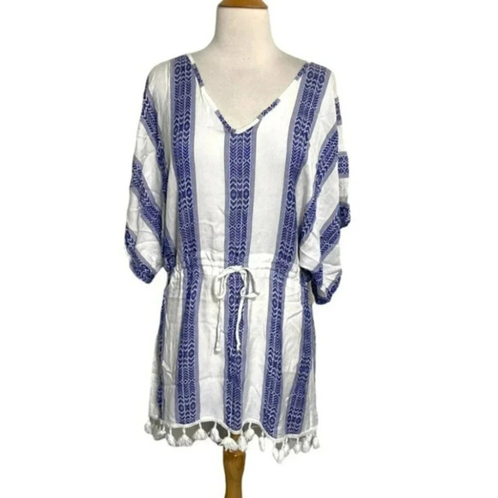 Blue Island S blue & white boho v-neck cover up with tassels Nautical Beachy